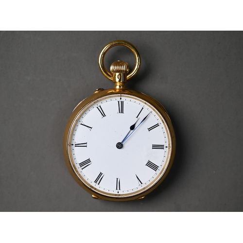 268 - An 18ct gold cased fob watch, white enamel dial with roman numerals, 38 cm dia.