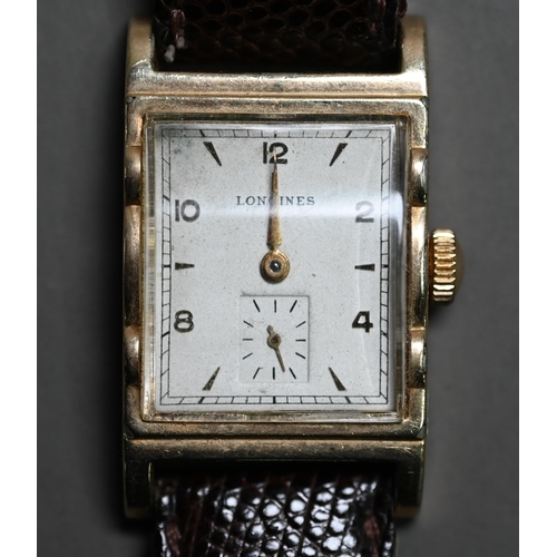 274 - A vintage Longines gold plated wristwatch, the 17 jewel movement No. 6922197, with textured lizard s... 