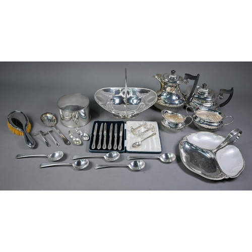 28 - Various electroplated wares, including a four-piece tea service, Victorian oval fruit basket with sw... 