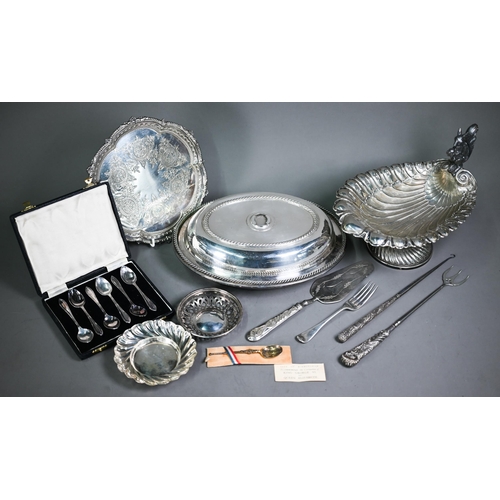 29 - WMF electroplated nut dish with scalloped bowl surmounted by a squirrel, to/w an entrée dish, salver... 