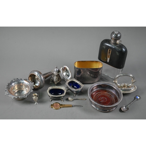 31 - An Old Sheffield Plate wine funnel, to/w a hip-flask, wine coaster, three-piece condiment set, etc. ... 