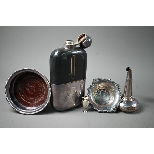 31 - An Old Sheffield Plate wine funnel, to/w a hip-flask, wine coaster, three-piece condiment set, etc. ... 