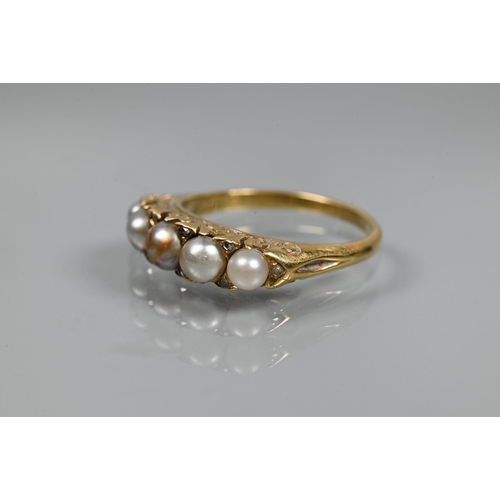 328 - A Victorian pearl and diamond set ring, the five graduated pearls of differing colours, with rose cu... 