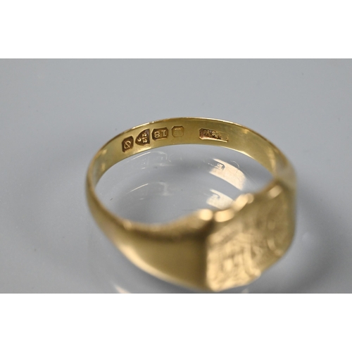 340 - An 18ct yellow gold signet ring with shaped face engraved with monogram, size S, 5.8g; a 22ct yellow... 