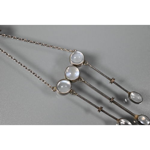 341 - An Arts and Crafts silver and moonstone pendant necklace, with three round moonstones suspending thr... 