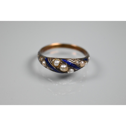 344 - WITHDRAWN Five various rings - a blue enamel and seed pearl ring, size N; diamond and aquamarine (po... 