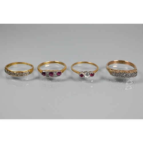 345 - WITHDRAWN Four various rings - diamond and ruby ring in millgrain setting, 18 ct yellow gold set, si... 