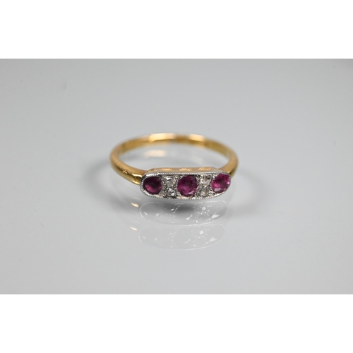 345 - WITHDRAWN Four various rings - diamond and ruby ring in millgrain setting, 18 ct yellow gold set, si... 