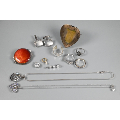 350 - A quantity of white metal jewellery items including red Ruskin-type ceramic disc brooch, cz set pend... 