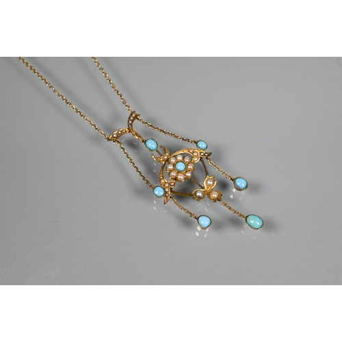 355 - An antique necklace in the Art Nouveau style set with seed pearl and turquoise, 15 ct yellow gold wi... 