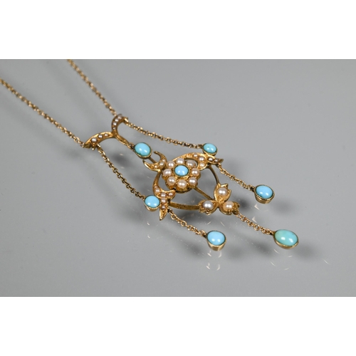 355 - An antique necklace in the Art Nouveau style set with seed pearl and turquoise, 15 ct yellow gold wi... 