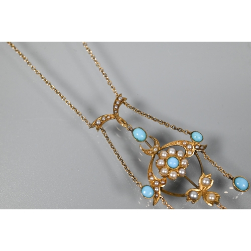 355 - An antique necklace in the Art Nouveau style set with seed pearl and turquoise, 15 ct yellow gold wi... 