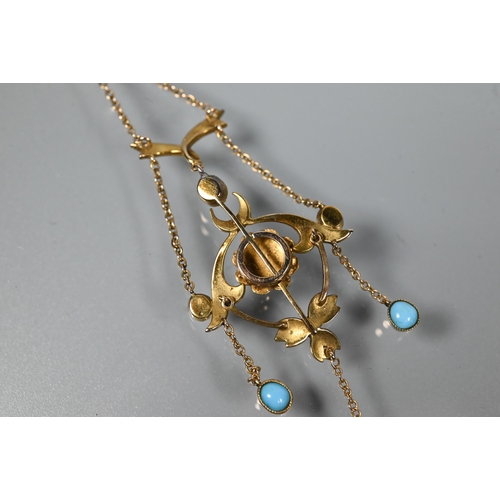 355 - An antique necklace in the Art Nouveau style set with seed pearl and turquoise, 15 ct yellow gold wi... 