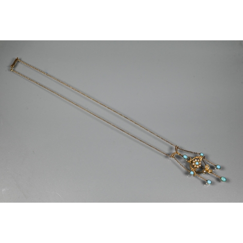 355 - An antique necklace in the Art Nouveau style set with seed pearl and turquoise, 15 ct yellow gold wi... 