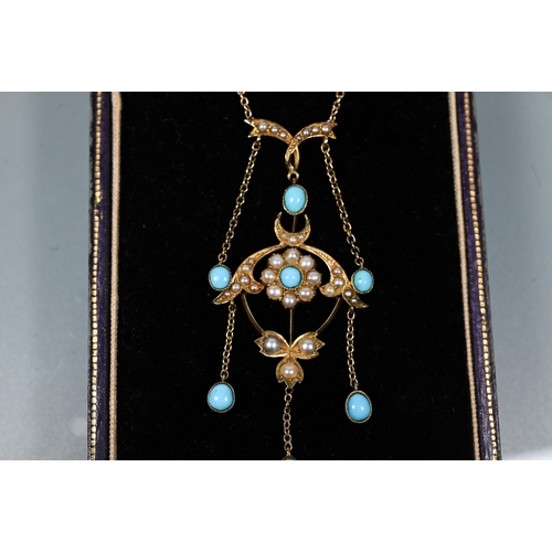 355 - An antique necklace in the Art Nouveau style set with seed pearl and turquoise, 15 ct yellow gold wi... 