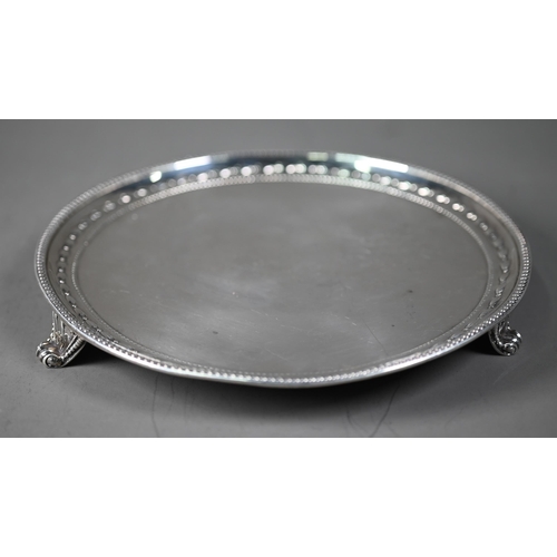 39 - Victorian silver letter salver with beaded and foliate rim, on three scroll feet, John Samuel Hunt, ... 