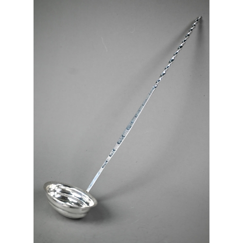 43 - Unusual George III silver punch ladle with oval bowl and full silver handle, with engraved decoratio... 