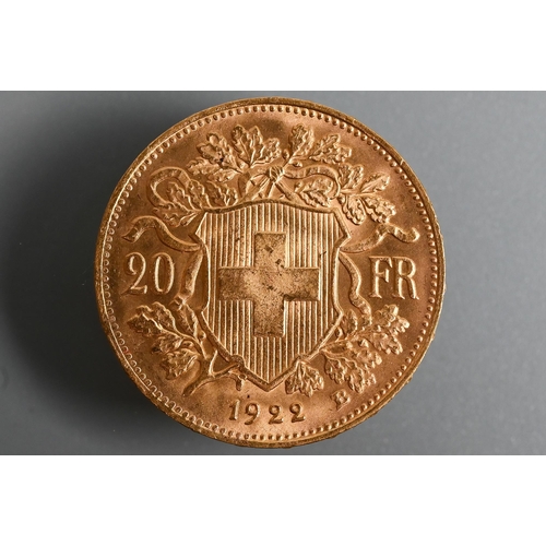 486 - A 1922 Swiss 20 franc gold coin