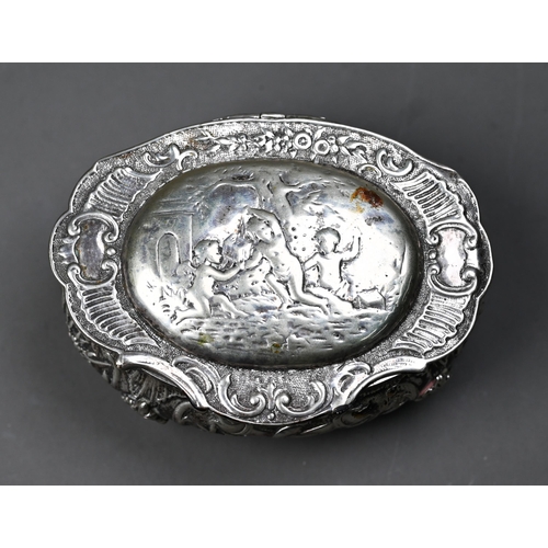 49 - German .800 grade oval trinket box with embossed and chased decoration, on three scroll feet, 4oz, 1... 