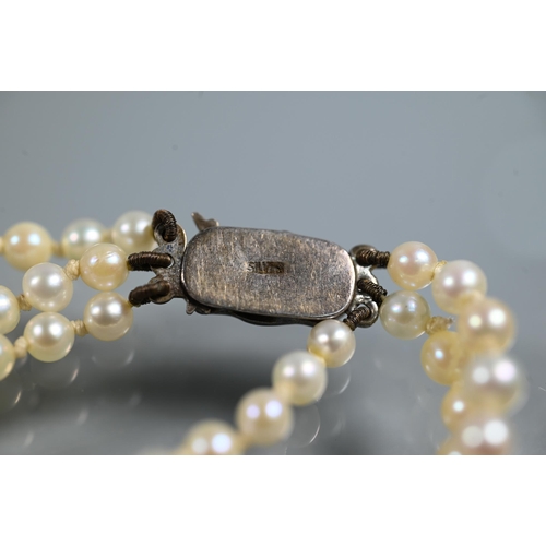 492 - A triple graduated row of cultured pearls by Lotus, double knotted throughout onto white metal snap,... 
