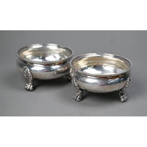 50 - Pair of George IV silver open salts with beaded rims and claw feet, Rebecca Emes & Richard Barna... 