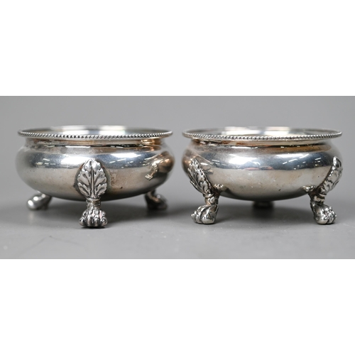 50 - Pair of George IV silver open salts with beaded rims and claw feet, Rebecca Emes & Richard Barna... 