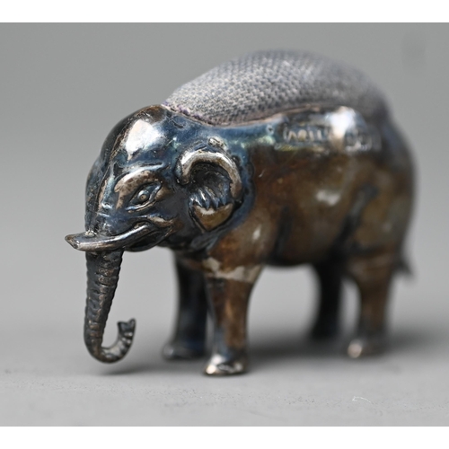 62 - Edwardian silver novelty 'elephant' pin-cushion, Adie & Lovekin Ltd, Birmingham 1906, 3 x 4.5cm