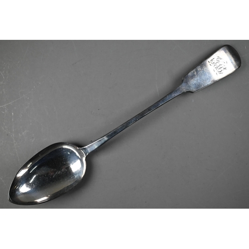 66 - Early Victorian silver fiddle pattern stuffing spoon, Robert Williams, Exeter 1839, 5.2oz, 33cm (lit... 