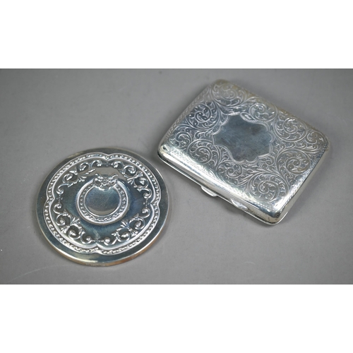 69 - Edwardian engraved silver cigarette case, Birmingham 1908, 3.1oz, to/w a silver-backed circular mirr... 