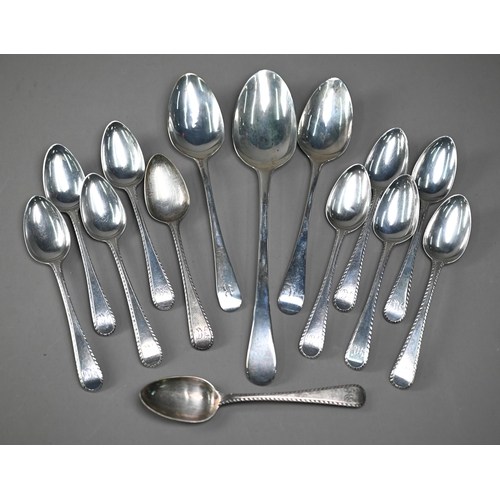 95 - A set of eleven George III silver feather-edge teaspoons, George Smith IV, London 1797, to/w a Georg... 