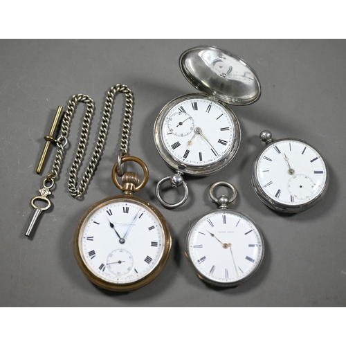 242 - Three silver cased fob watches - Nordman, Geneve and two others, to/w a gold plated fob watch and as... 