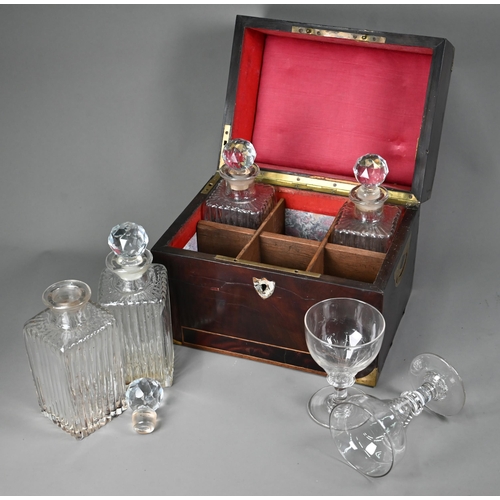 1001 - A Georgian brass-bound mahogany campaign box, converted to a decanter box with four matching antique... 