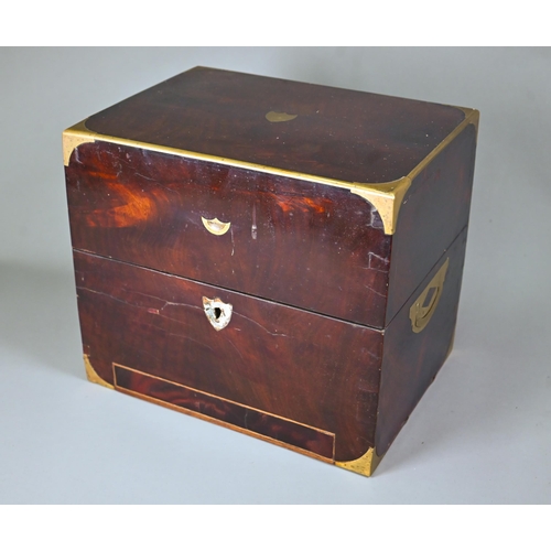 1001 - A Georgian brass-bound mahogany campaign box, converted to a decanter box with four matching antique... 