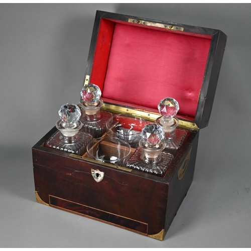 1001 - A Georgian brass-bound mahogany campaign box, converted to a decanter box with four matching antique... 