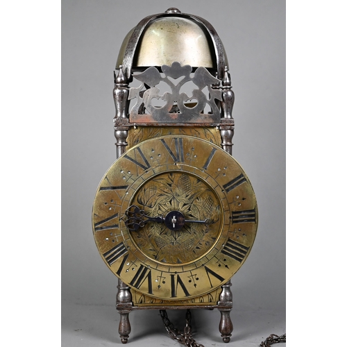 1008 - A 17th century brass and steel lantern clock, with verge escapement, the 16 cm dia. brass dial with ... 