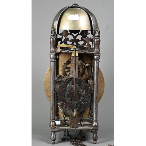 1008 - A 17th century brass and steel lantern clock, with verge escapement, the 16 cm dia. brass dial with ... 