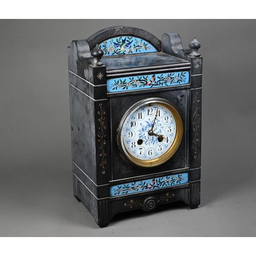 1010 - A Victorian Aesthetic Movement slate mantel clock with French drum movement, with painted enamel dia... 