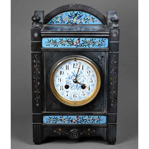 1010 - A Victorian Aesthetic Movement slate mantel clock with French drum movement, with painted enamel dia... 