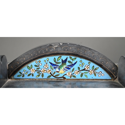 1010 - A Victorian Aesthetic Movement slate mantel clock with French drum movement, with painted enamel dia... 