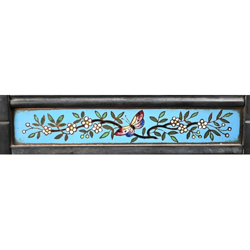 1010 - A Victorian Aesthetic Movement slate mantel clock with French drum movement, with painted enamel dia... 