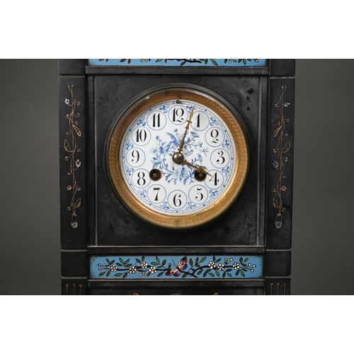 1010 - A Victorian Aesthetic Movement slate mantel clock with French drum movement, with painted enamel dia... 