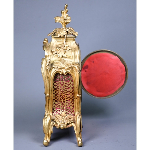 1015 - A French gilt ormolu cased 8-day fusee mantel clock, in the rococo style, with engine turned dial, 3... 