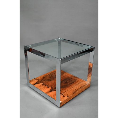 1022 - Richard Young for Merrow Associates, a chrome, glass and rosewood coffee table, 54 cm x 56 cm x 53 c... 