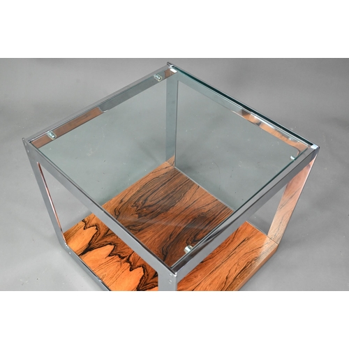 1022 - Richard Young for Merrow Associates, a chrome, glass and rosewood coffee table, 54 cm x 56 cm x 53 c... 