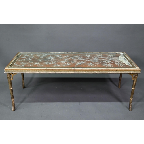 1023 - A 1930s faux bamboo framed coffee table, the glazed-in top of ivory and penwork inlaid rosewood, 118... 