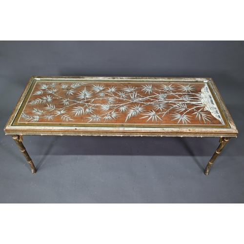 1023 - A 1930s faux bamboo framed coffee table, the glazed-in top of ivory and penwork inlaid rosewood, 118... 