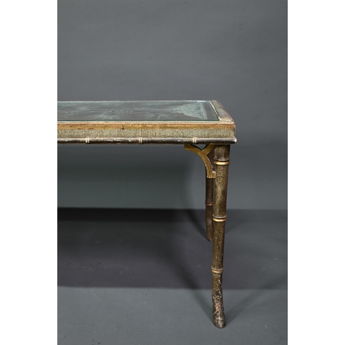 1023 - A 1930s faux bamboo framed coffee table, the glazed-in top of ivory and penwork inlaid rosewood, 118... 