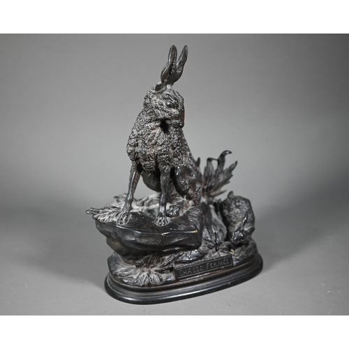 1030 - After Jules Moigniez (1835-1894) model of a hare and leveret on a rocky outcrop, titled Chasse Ferme... 