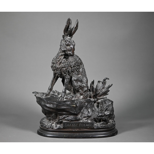 1030 - After Jules Moigniez (1835-1894) model of a hare and leveret on a rocky outcrop, titled Chasse Ferme... 