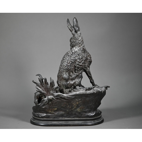 1030 - After Jules Moigniez (1835-1894) model of a hare and leveret on a rocky outcrop, titled Chasse Ferme... 